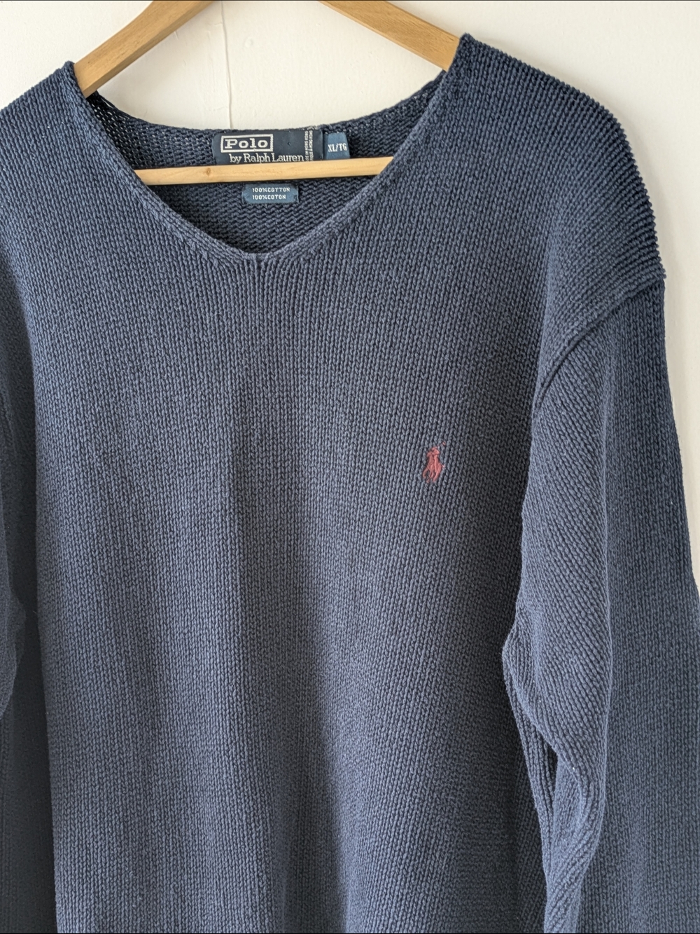 Vintage Polo Ralph Lauren Navy V‑Neck Heavyweight Cotton Knit Sweater Size XL